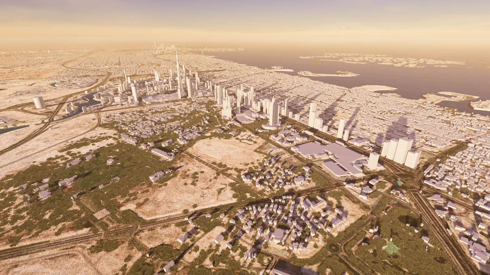 Dubai skyline and waterfront in the Resimo city masterplan at golden hour