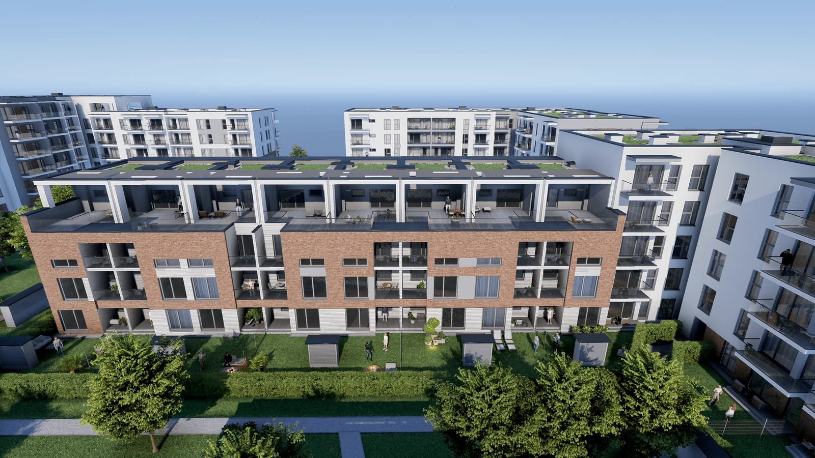 Elbe Square في دريسدن، مع تراسات سكنية وساحات داخلية منسقة