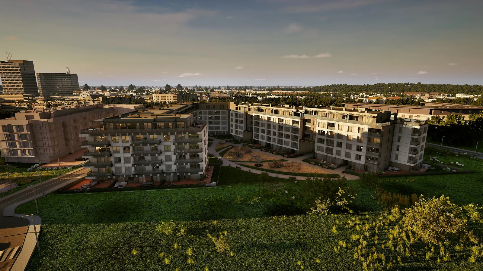 Flora Park في صوفيا، مع مبان سكنية وحديقة مشتركة في ضوء المساء الدافئ