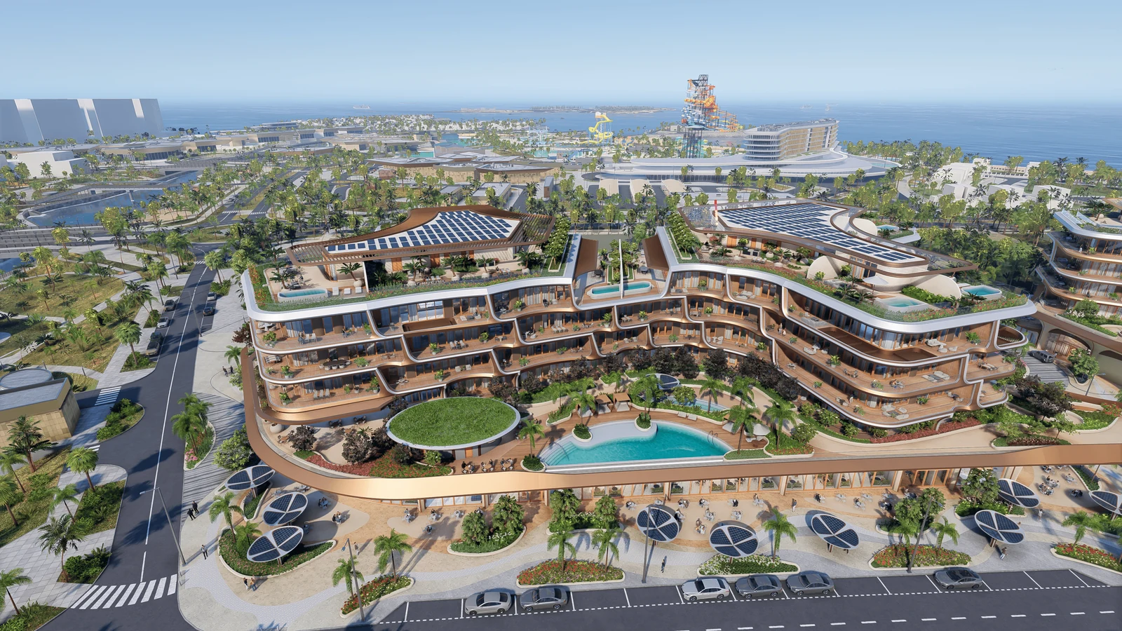 The Grove by JMJ in daylight, with its pool, gardens and neighbourhood