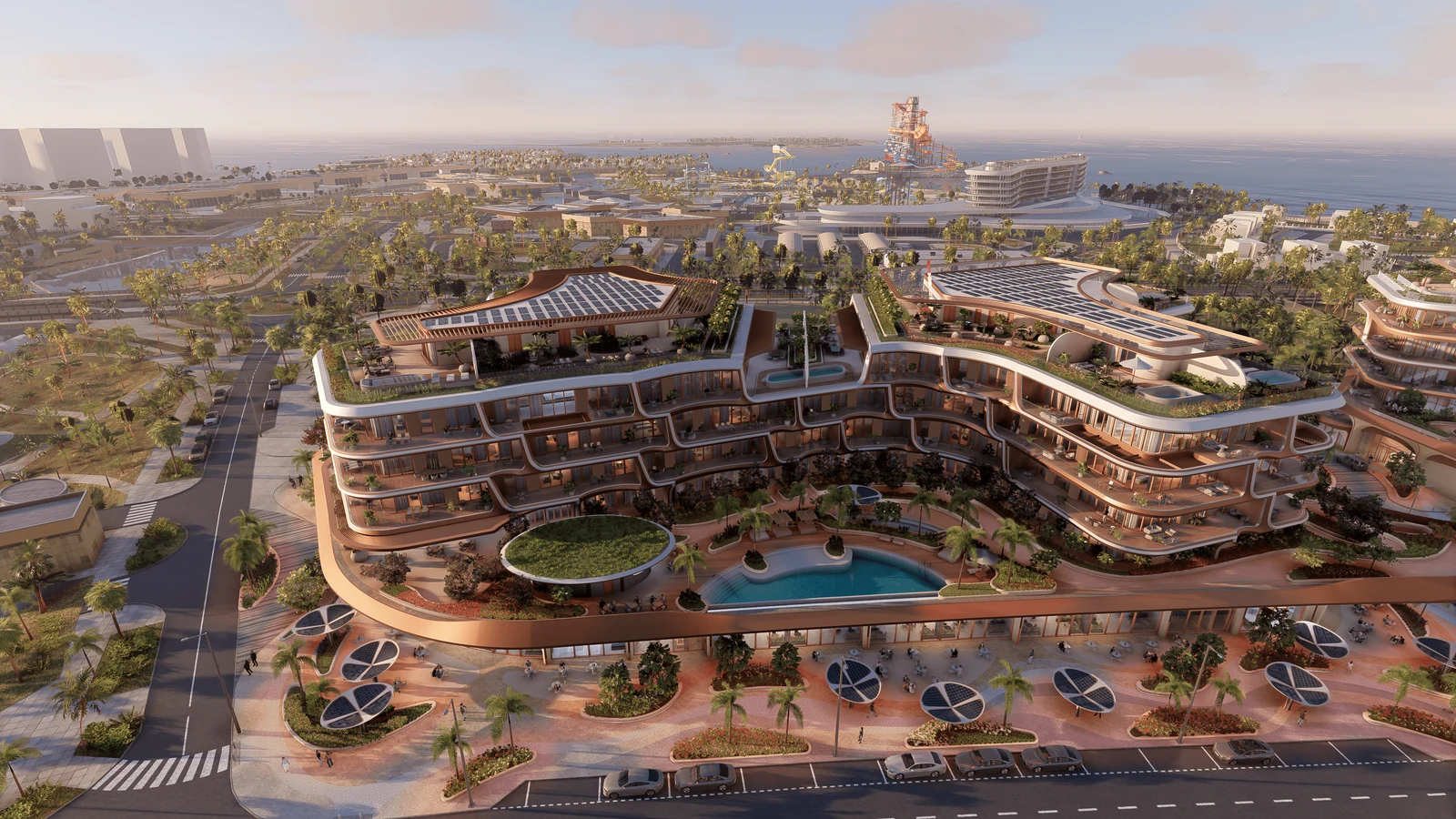 The Grove by JMJ in Qatar, with curved terraces and a shared pool at sunset