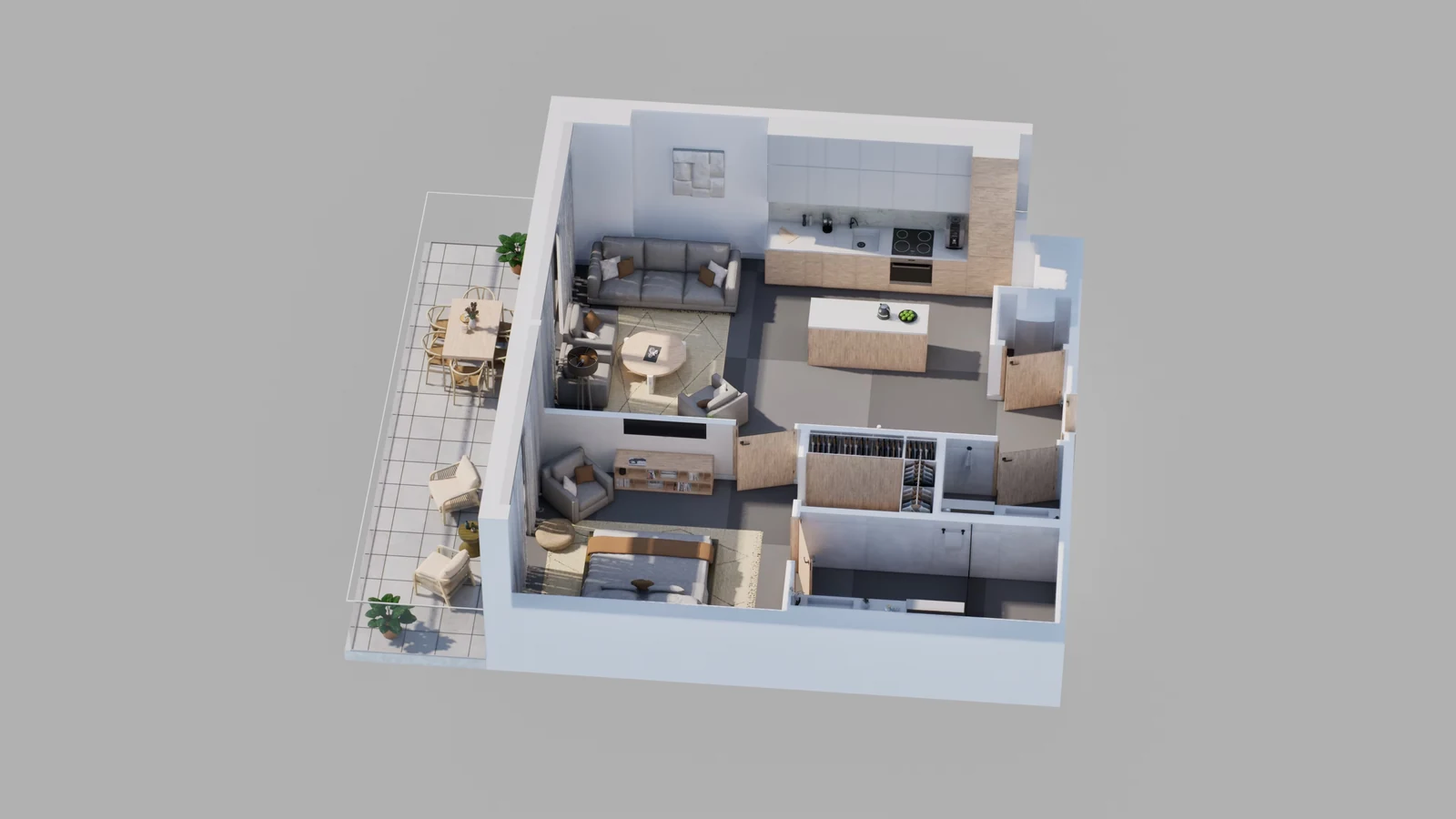 A furnished HQ Residences apartment, with its kitchen, living room, bedroom and terrace.