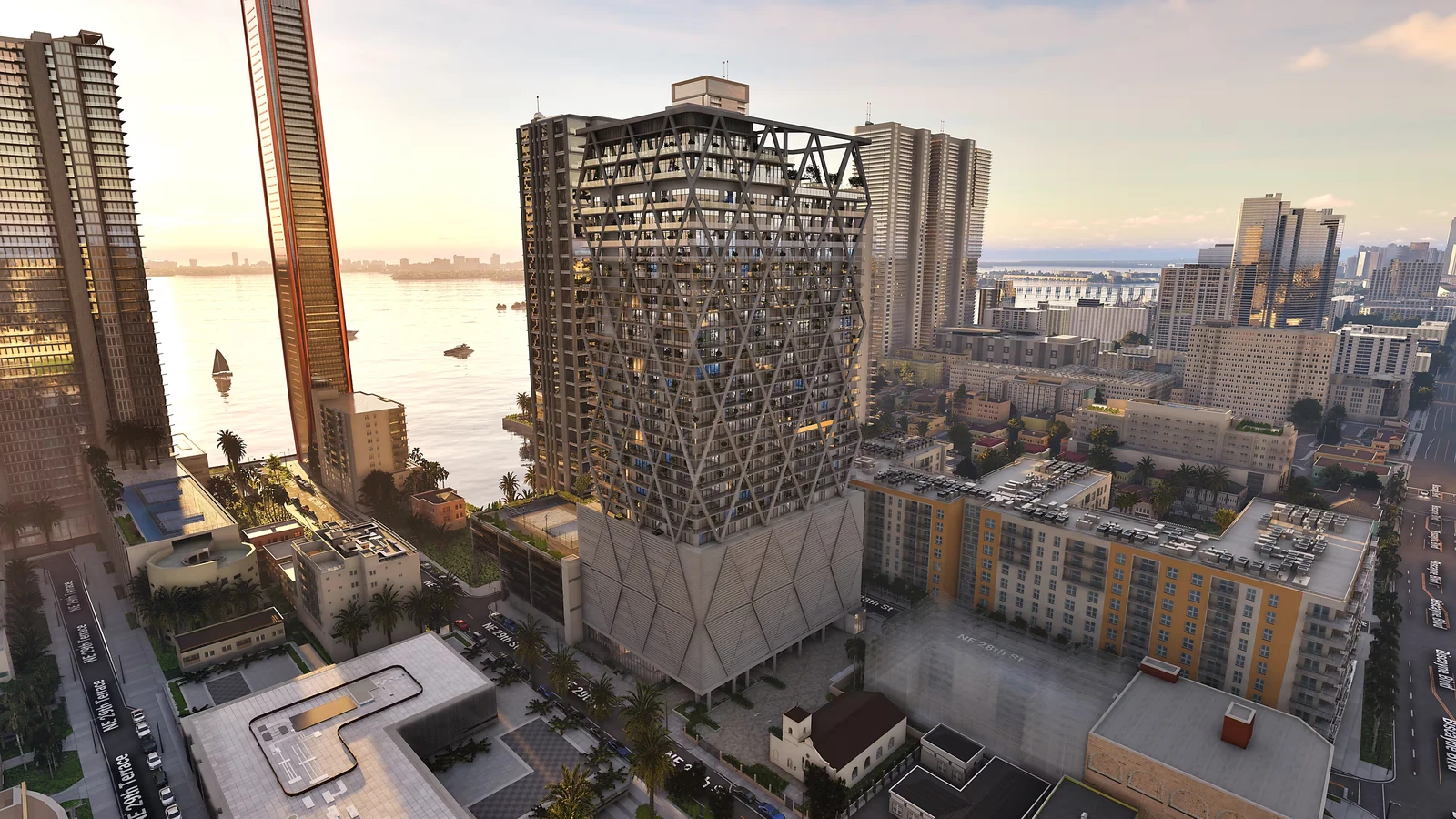 HQ Residences tower and the Miami waterfront at golden hour