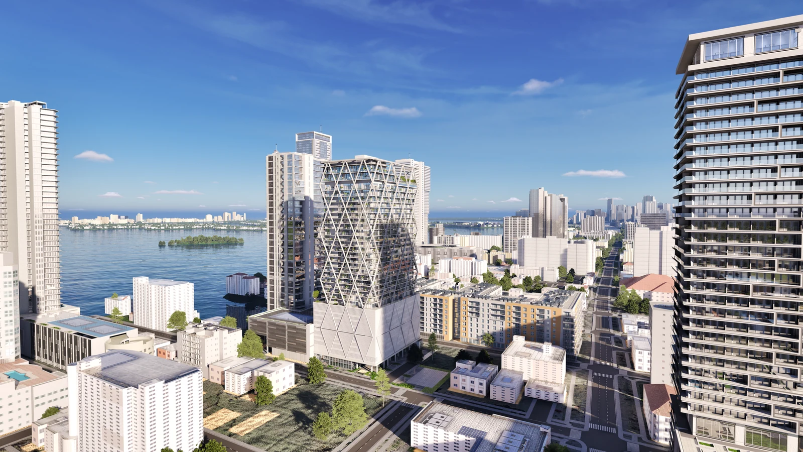 HQ Residences and Biscayne Bay in daylight, with the surrounding Miami skyline.