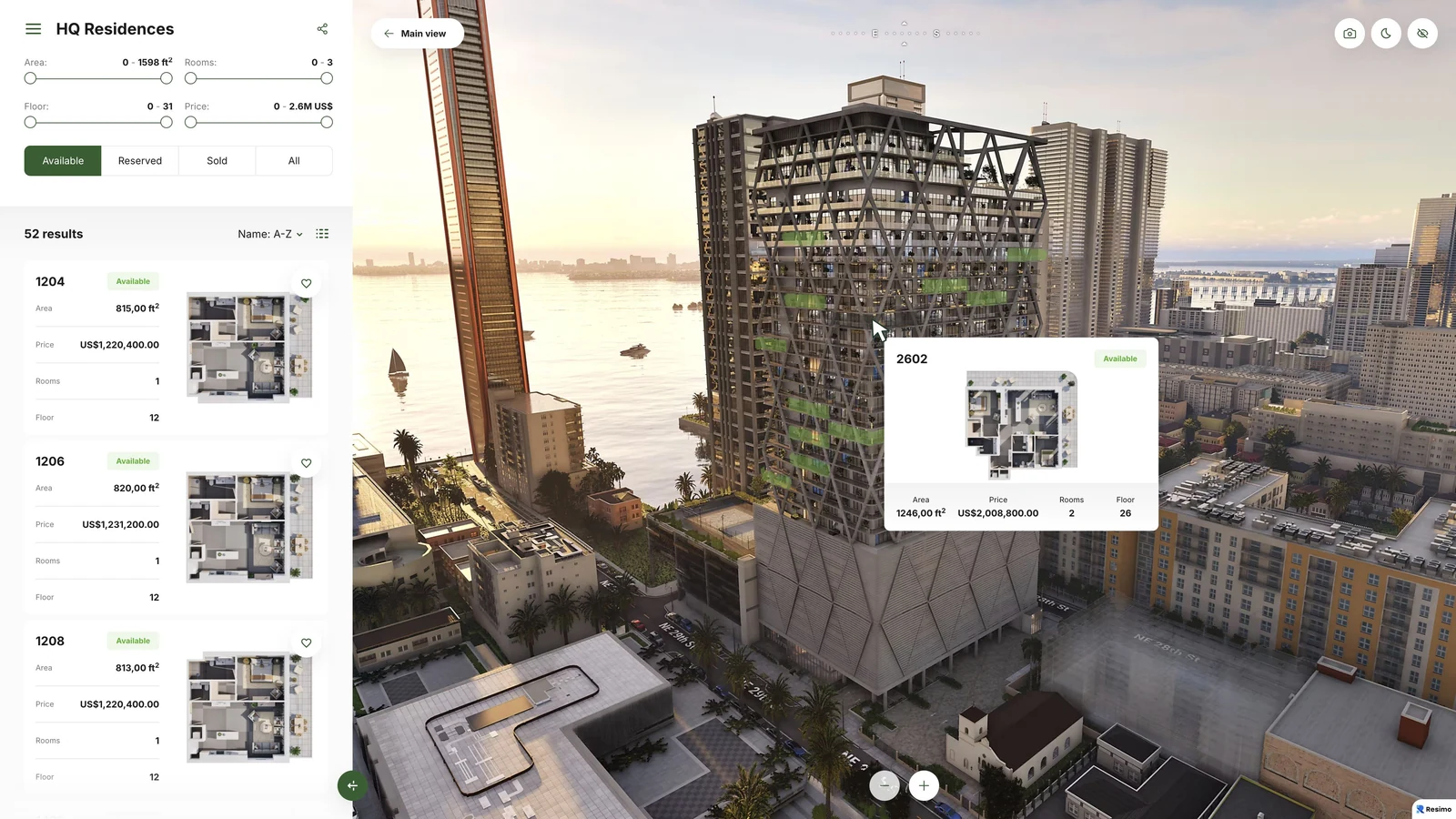 HQ Residences web application with an apartment highlighted, its details open and a pointer on the building