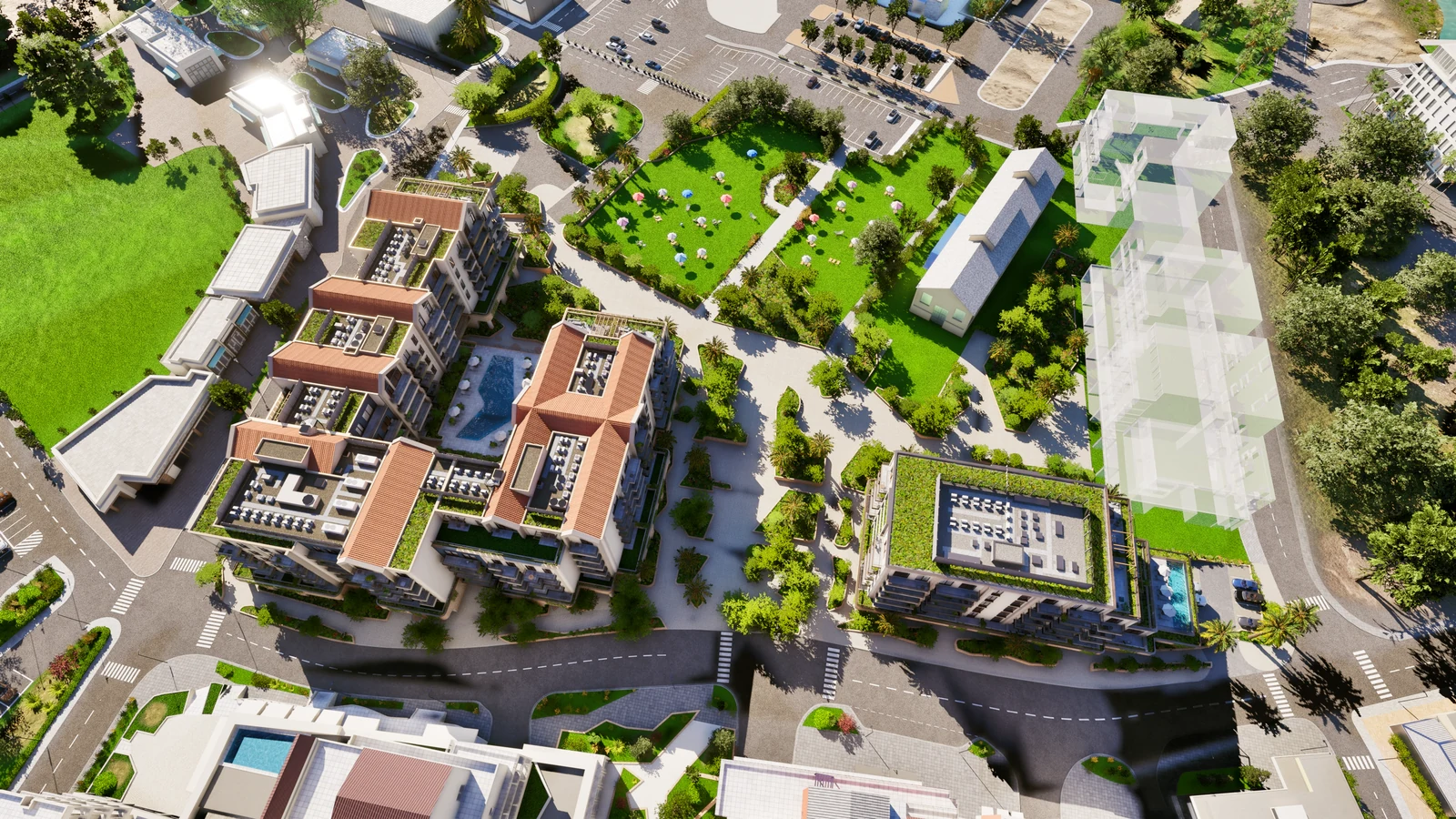 Vero & Versa from above, showing gardens, pools and pedestrian routes between the buildings.