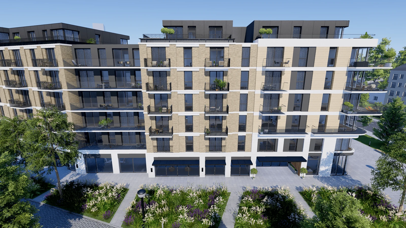 Riga Waterfront apartments and balconies facing the shared gardens