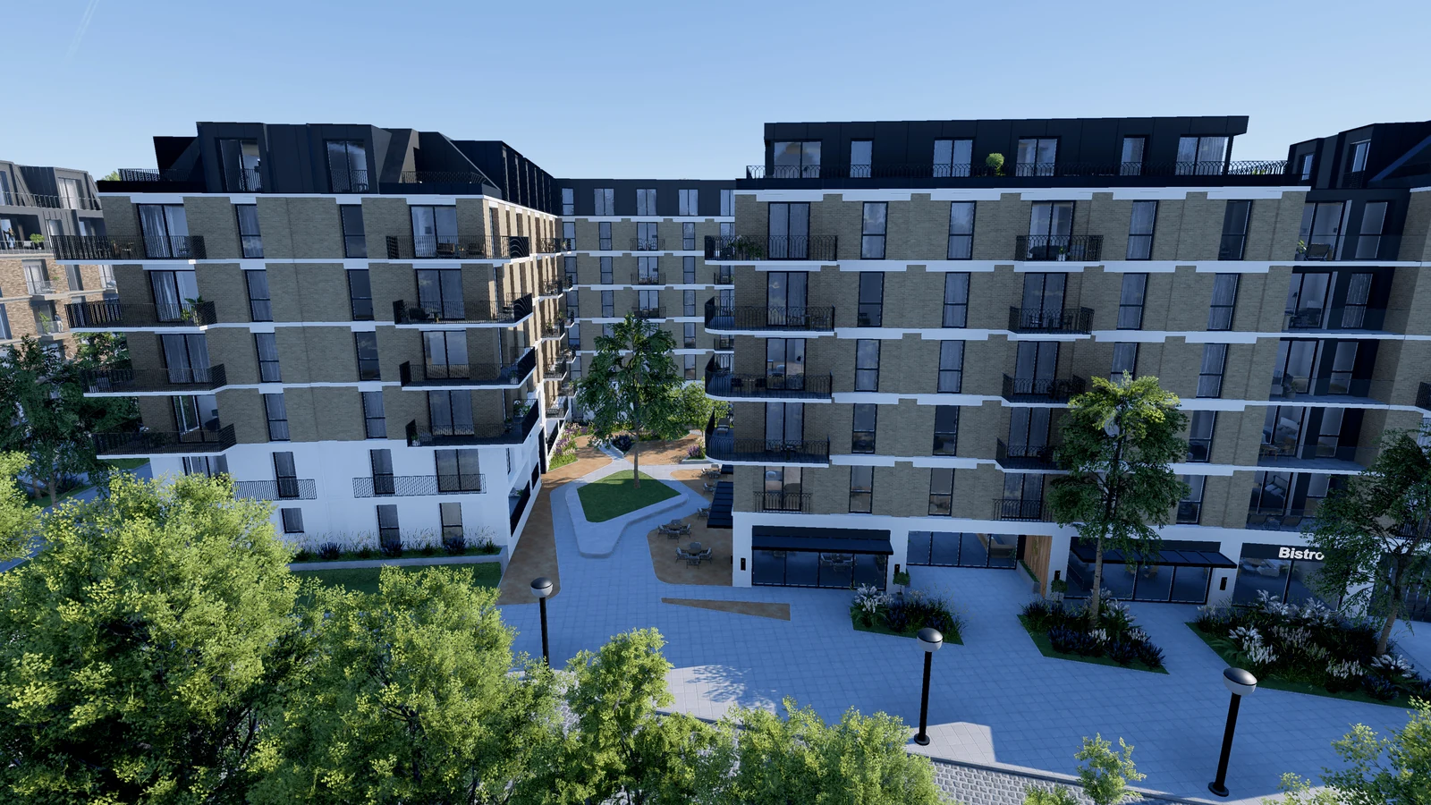 Riga Waterfront C8.2، مع شقق تحيط بساحة مشاة منسقة